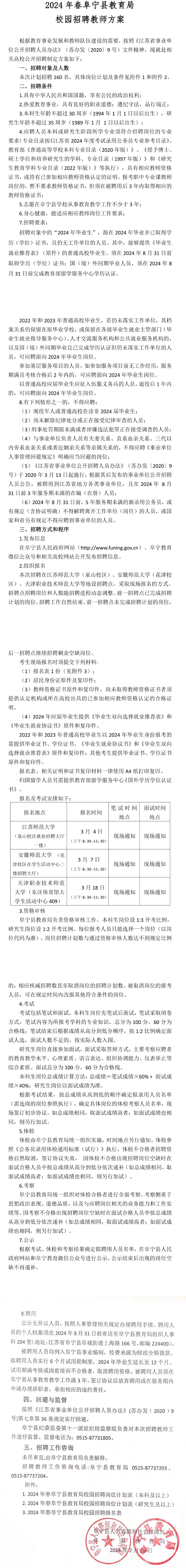 2024年江苏盐城阜宁县教育局校园招聘教师160人方案